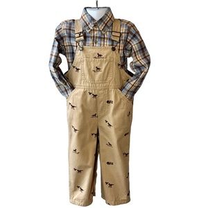 Hartstrings horses overalls set plaid shirt/khaki overalls w/horses size 3T